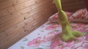 Et værelse med trævægge, en seng med blomstret sengetøj og et myggenet hængende fra loftet.