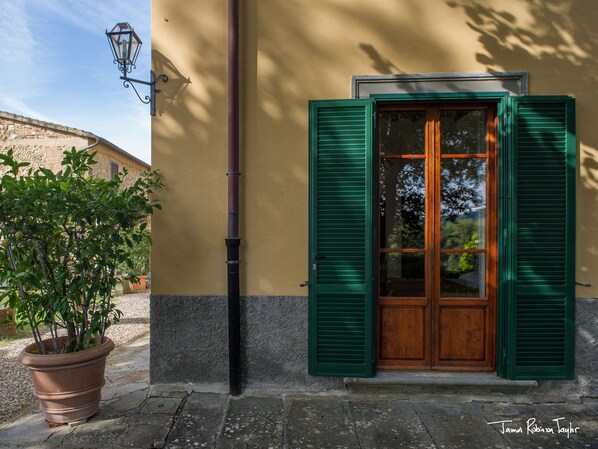 Um edifício com porta de madeira e persianas verdes, um vaso de planta e um poste de luz.