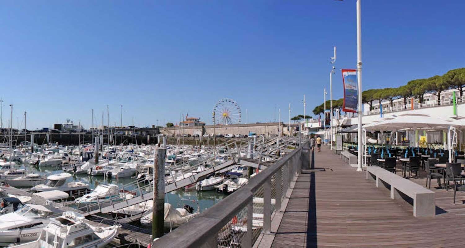 Un puerto deportivo con numerosas embarcaciones amarradas, una noria al fondo y un muelle con mesas al aire libre.