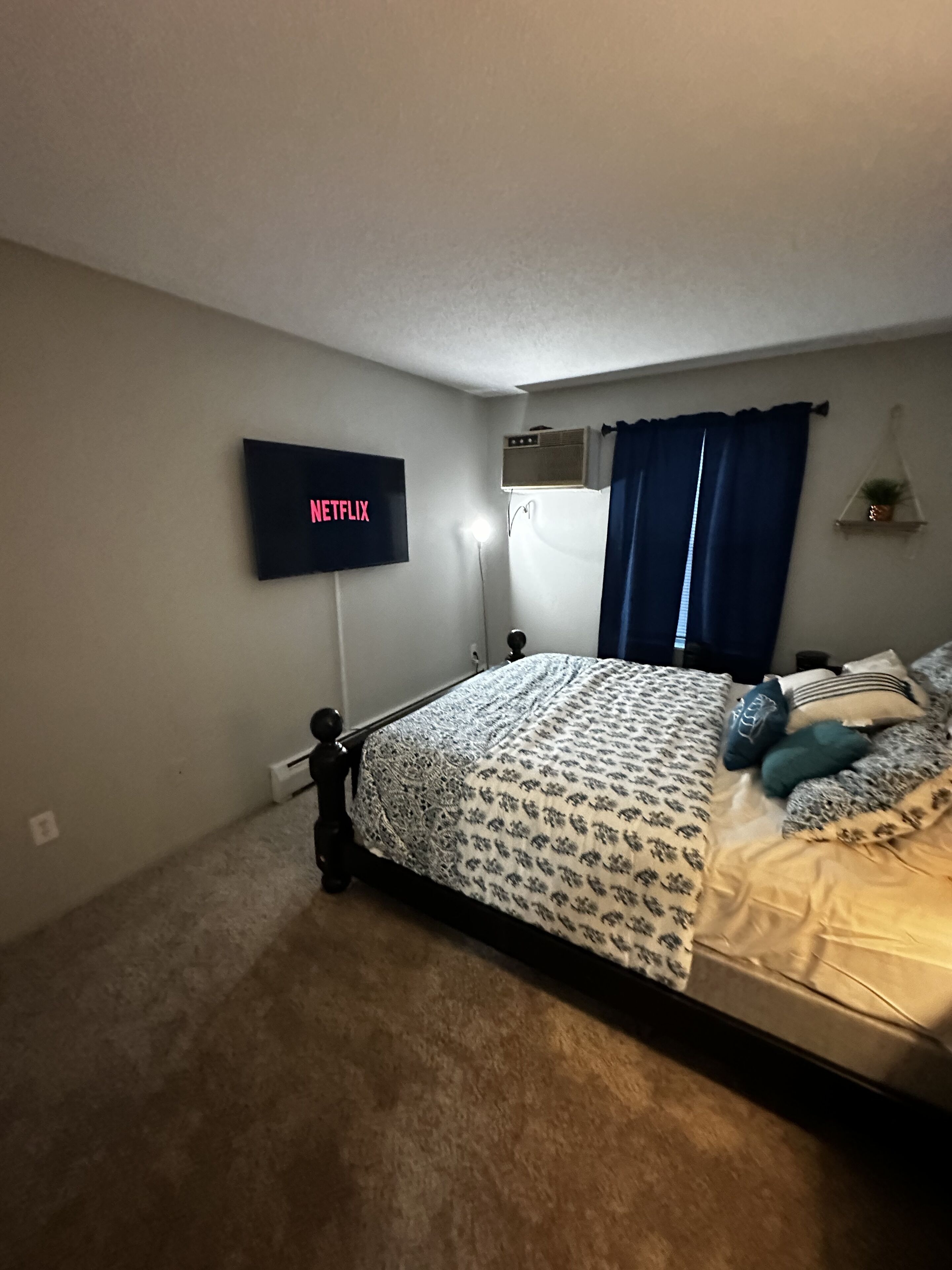 A bedroom with a bed, a wall-mounted TV displaying 'NETFLIX', a bedside lamp, and a potted plant.
