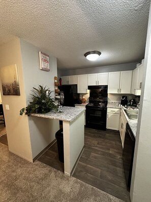 Presidential Condo | Private kitchen | Full-size fridge, microwave, oven, stovetop - 2 BR con patio por el centro comercial (Bloomington)