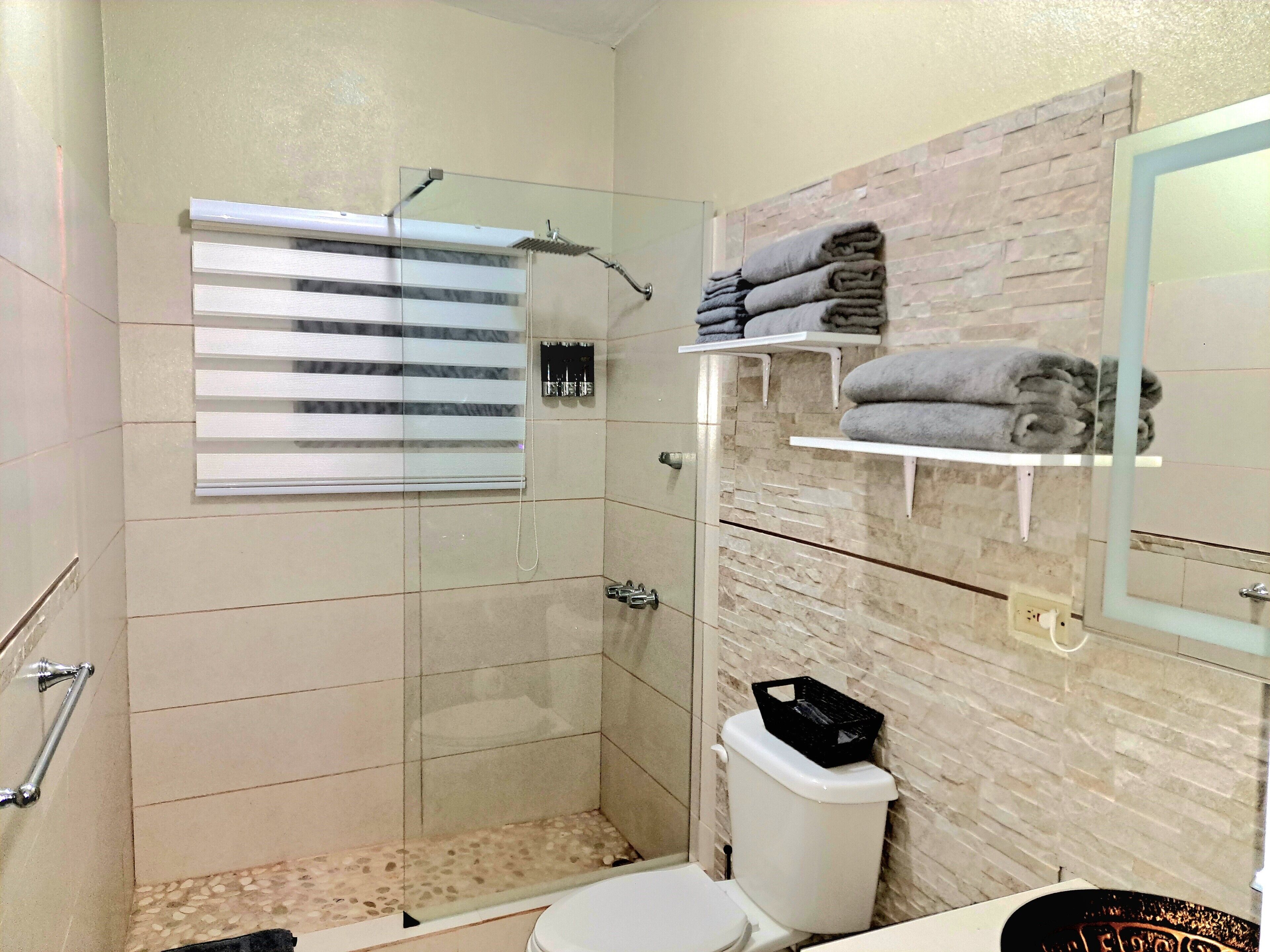 Shower, hair dryer, towels, soap