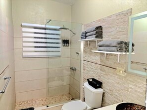 Dusche, Haartrockner, Handtücher, Seife