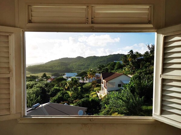 Blick aus dem Fenster auf ein Wohngebiet mit Häusern, üppigem Grün und Hügeln im Hintergrund.