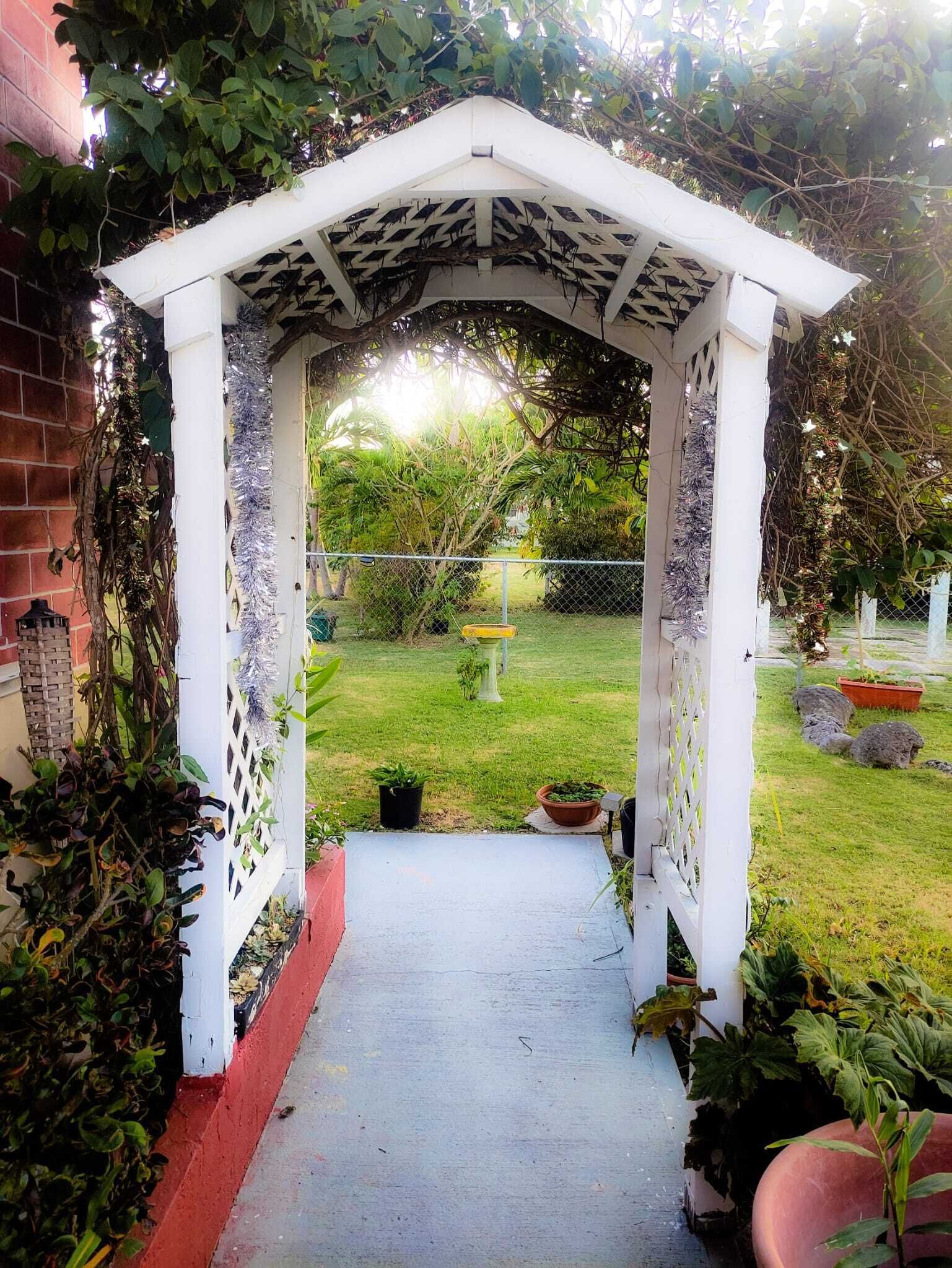 A white pergola with a lattice design, leading to a grassy yard with potted plants and a birdbath.