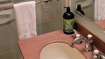 Hair dryer, towels, soap, shampoo