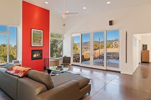 Smart TV, fireplace, DVD player, books