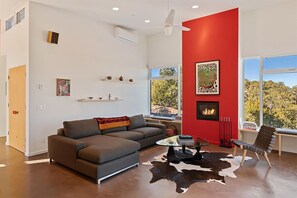 スマートテレビ、暖炉、DVD プレーヤー、書庫