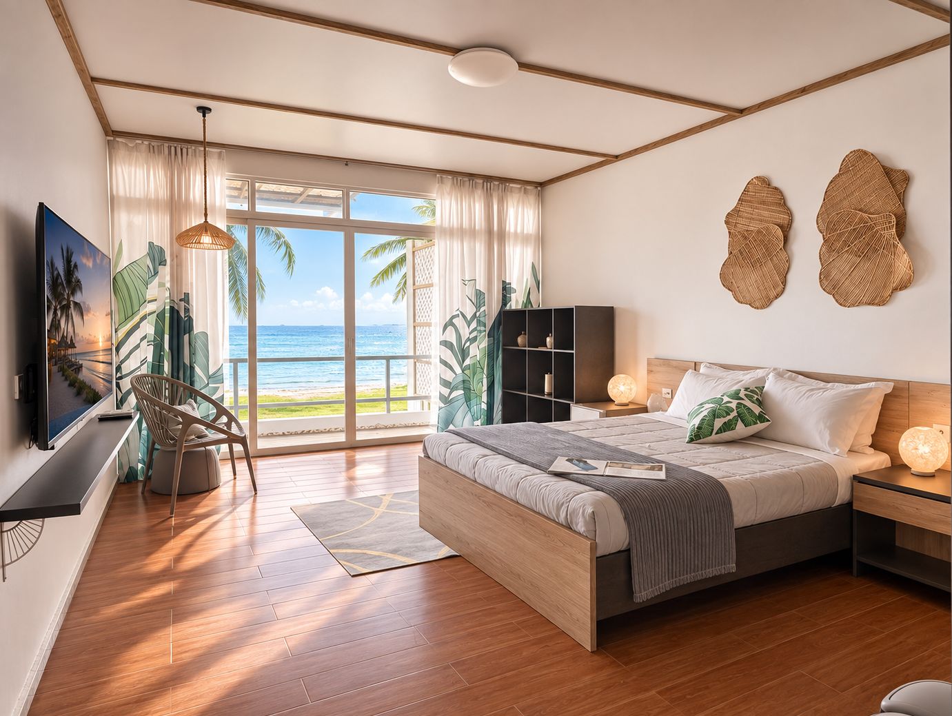 Un dormitorio con una cama grande, televisor, estantería y vista al océano.