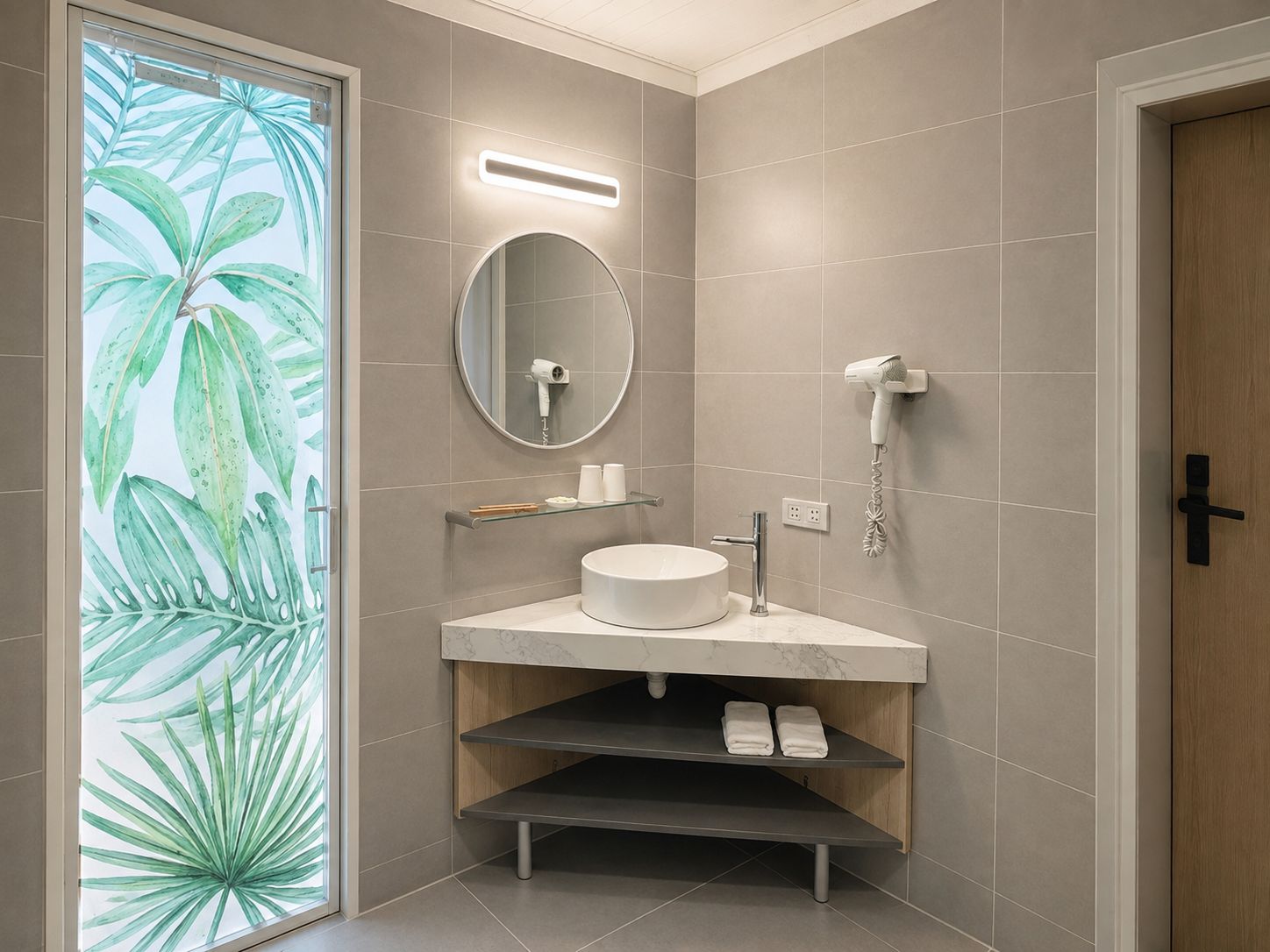 Un baño moderno con un espejo redondo, un lavabo blanco y un secador de pelo fijado a la pared.