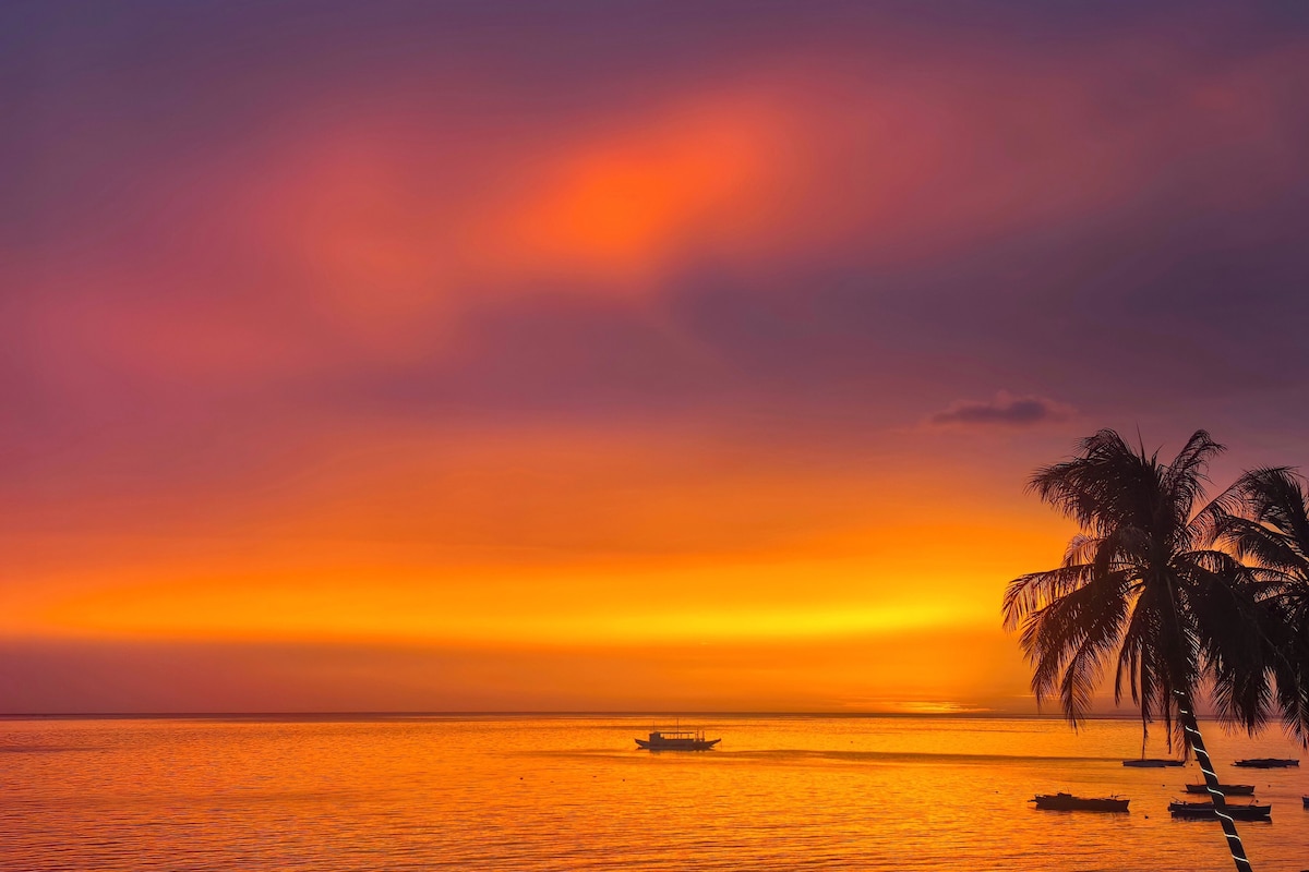 Ein Sonnenuntergang über ruhiger See, mit einem Boot und einer Silhouette einer Palme am Himmel.