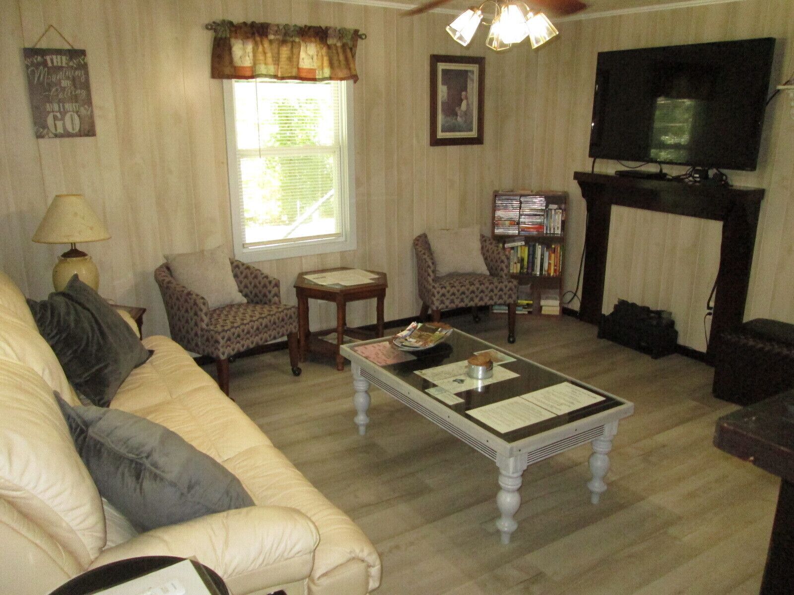TV, DVD player, books, video library