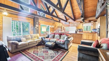 Televisión, chimenea, reproductor de DVD y estéreo