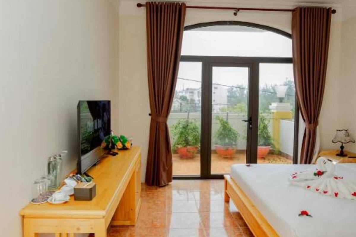 A hotel room with a bed, a TV on a wooden table, a balcony with potted plants, and a view of the city.