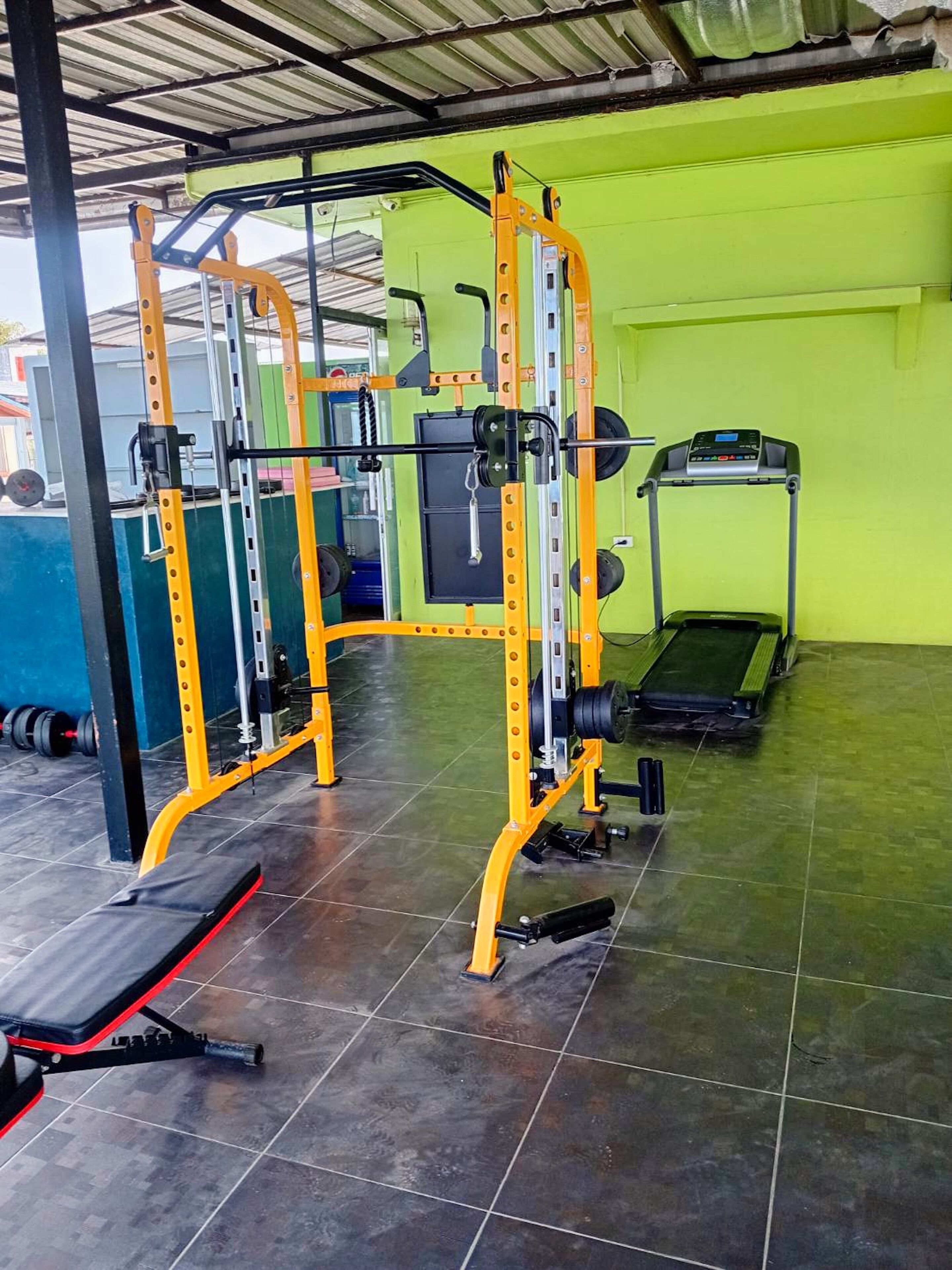 A gym with a squat rack, bench press, and a treadmill.
