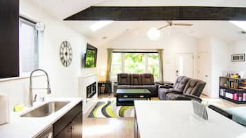 Smart TV, fireplace, books