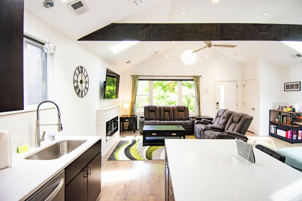 Smart TV, fireplace, books