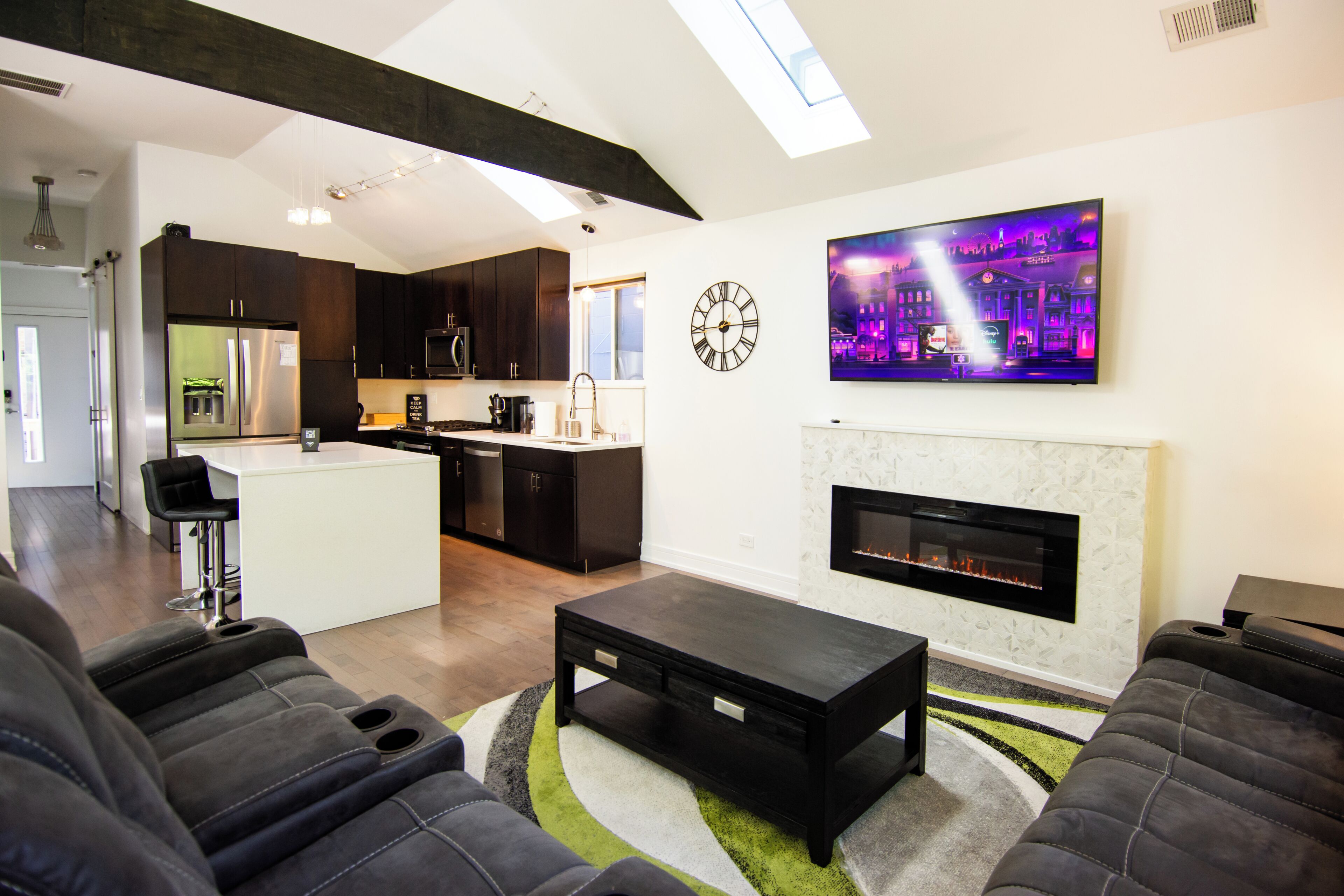 Smart TV, fireplace, books