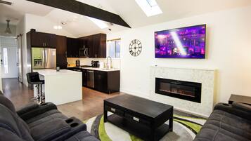 Smart TV, fireplace, books