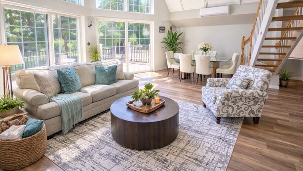 A spacious living room with a sofa, armchair, coffee table, and dining area. -  Cozy Chalet Retreat in Banning, California Pets-Friendly! (Banning)