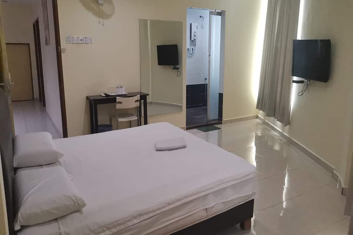 Habitación de hotel con cama, escritorio, silla, televisor y zona de ducha.