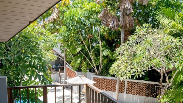 A covered balcony with a view of a swimming pool and lush greenery.