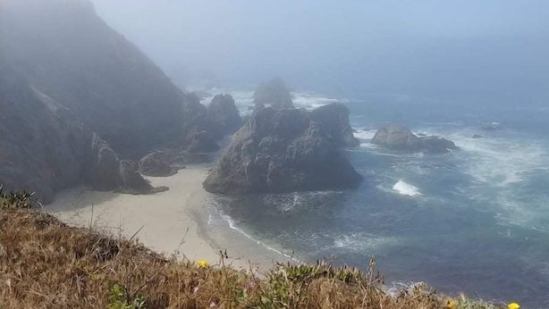 A coastal landscape with rocky cliffs and a sandy beach. - Harbor Kee Peaceful Escape By The Bay (Bodega Bay)