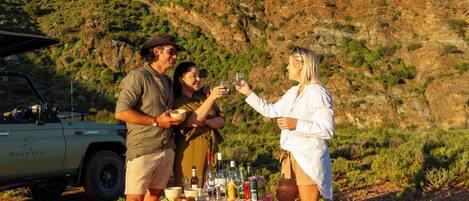 A group of people toasting with drinks around a table with bottles and glasses, a car, and a hilly landscape in the background.