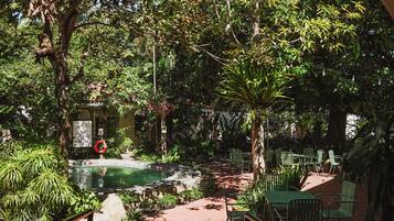 A pool area with surrounding greenery, a lifebuoy, and outdoor seating.
