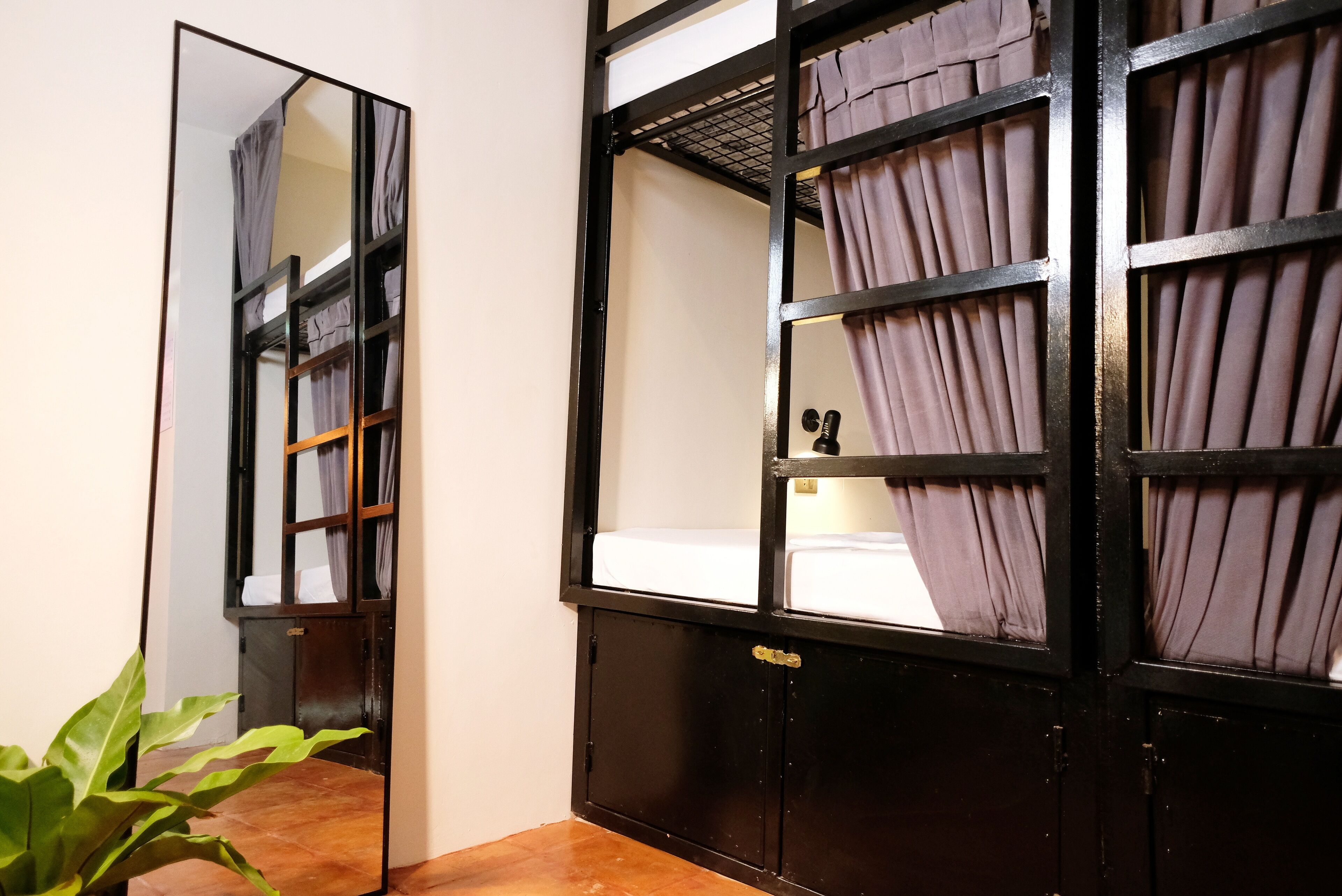 A room with a bed, a mirror, and a potted plant.