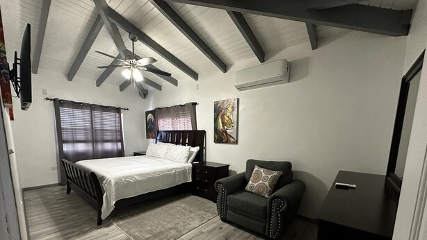 A bedroom with a bed, a chair, a nightstand, a ceiling fan, and a door. - Cozy cottage - New Build, 10 minutes from the beach! (st thomas)