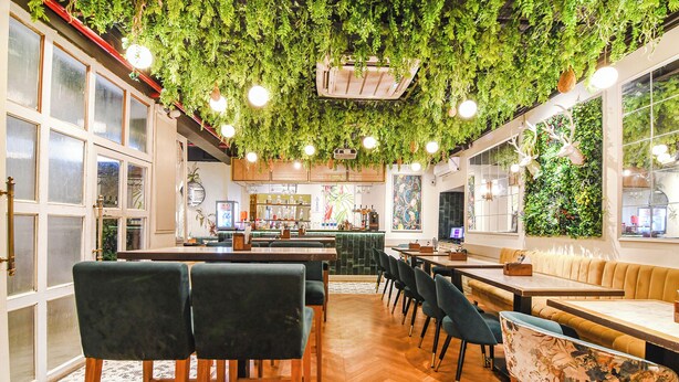 A restaurant with a green ceiling, wooden tables, and black chairs. - Fabhotel Aayash (Bidhannagar)