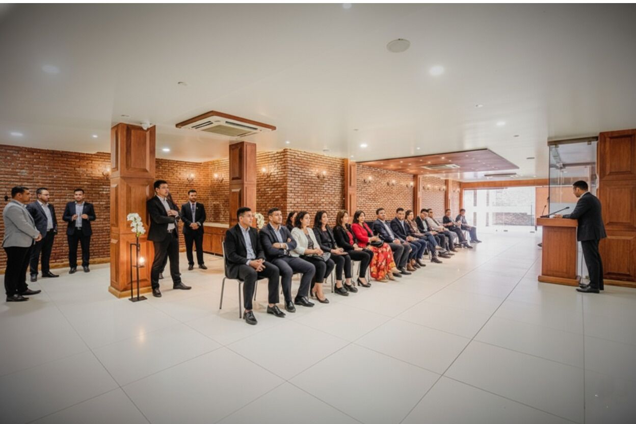 Un salón de conferencias con pared de ladrillo, pódiums de madera y un público sentado.