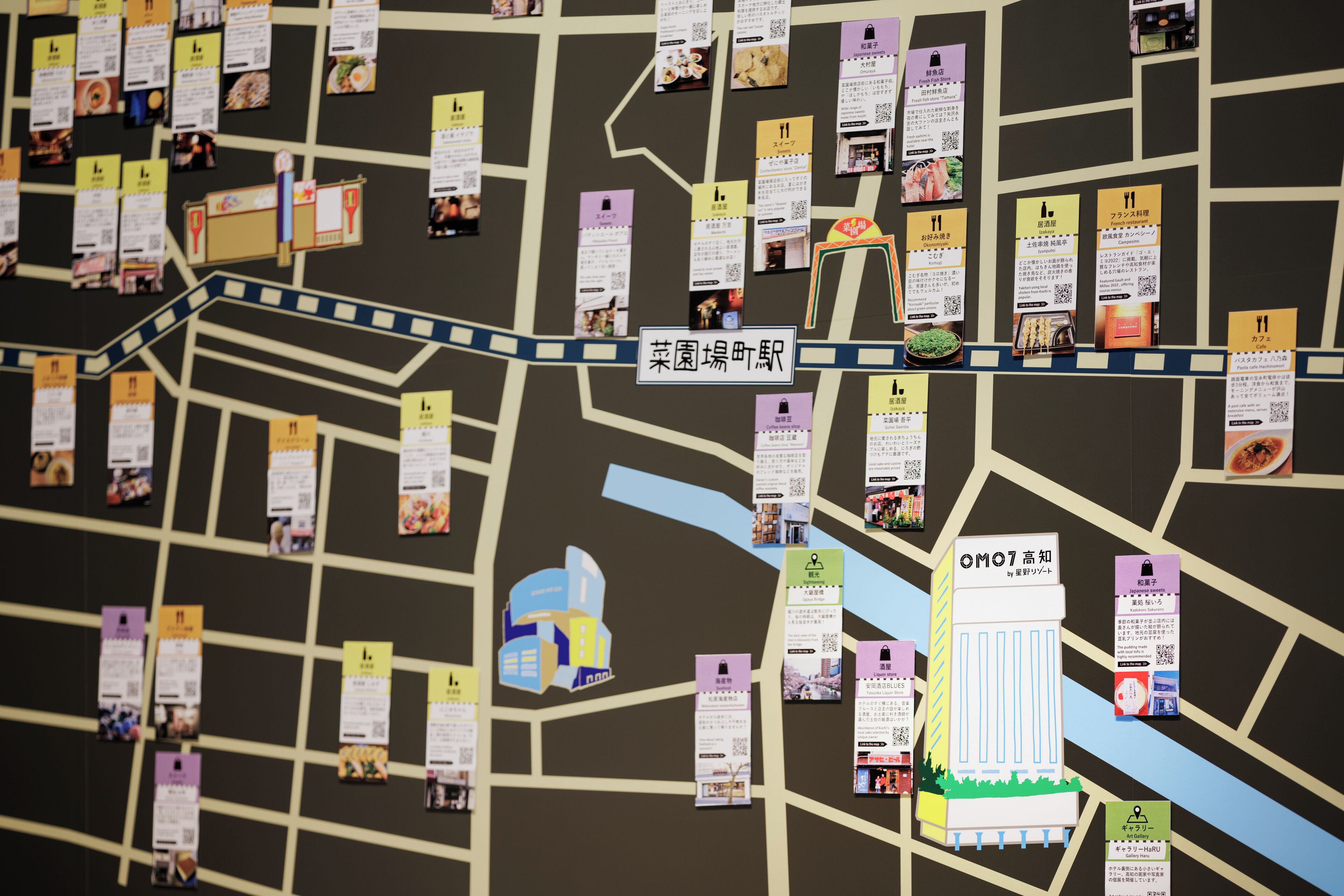 Un mapa con diversos carteles y etiquetas, incluyendo un edificio destacado con la etiqueta 'OM07'.