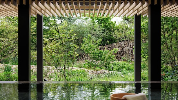 A wooden pergola structure with a view of a lush garden and a pond. - OMO7 Kochi by Hoshino Resorts (Kochi)