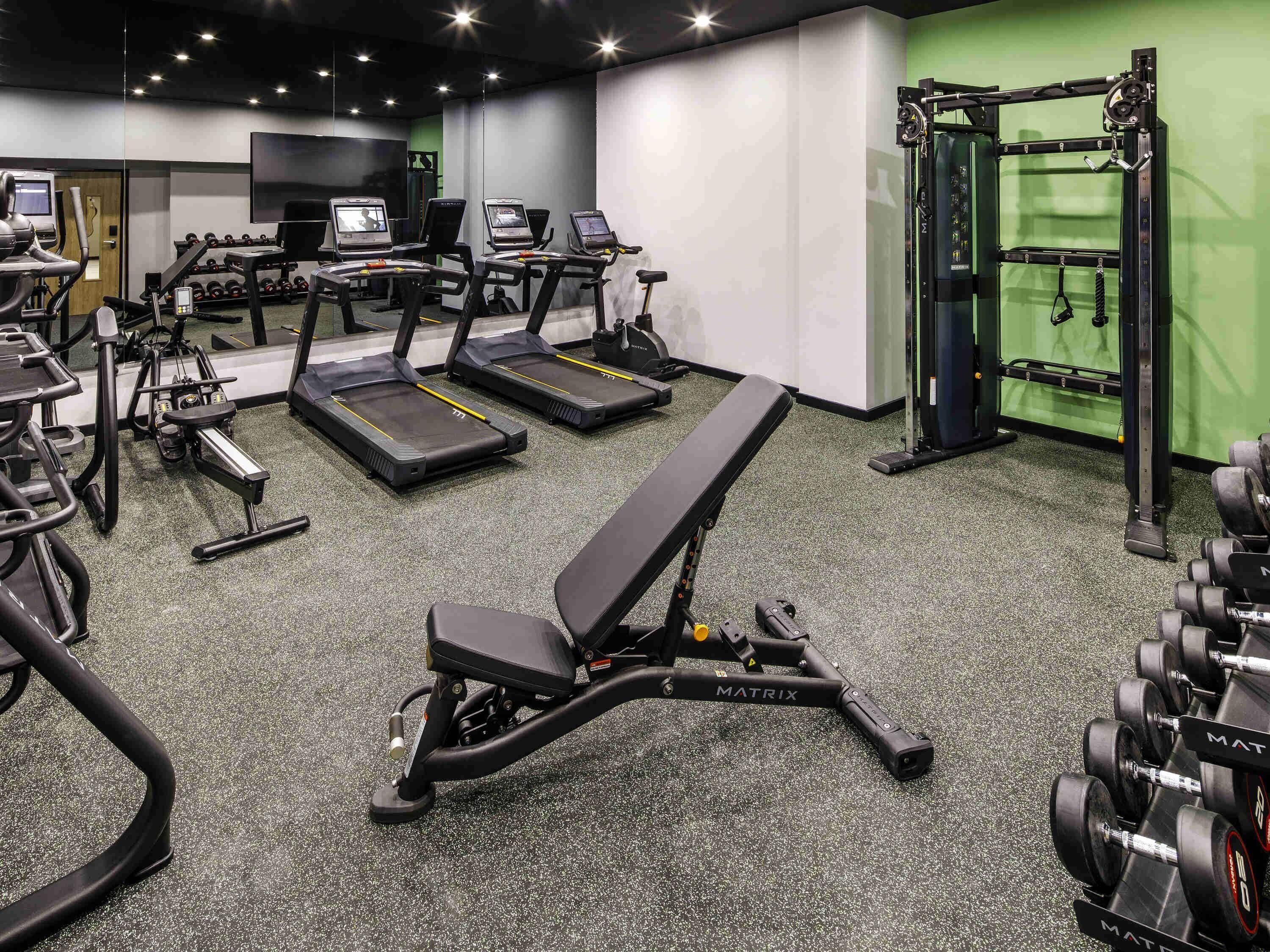 A gym with treadmills, a bench, and weightlifting equipment.