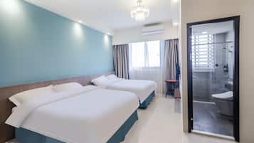 Premium bedding, down comforters, desk, laptop workspace