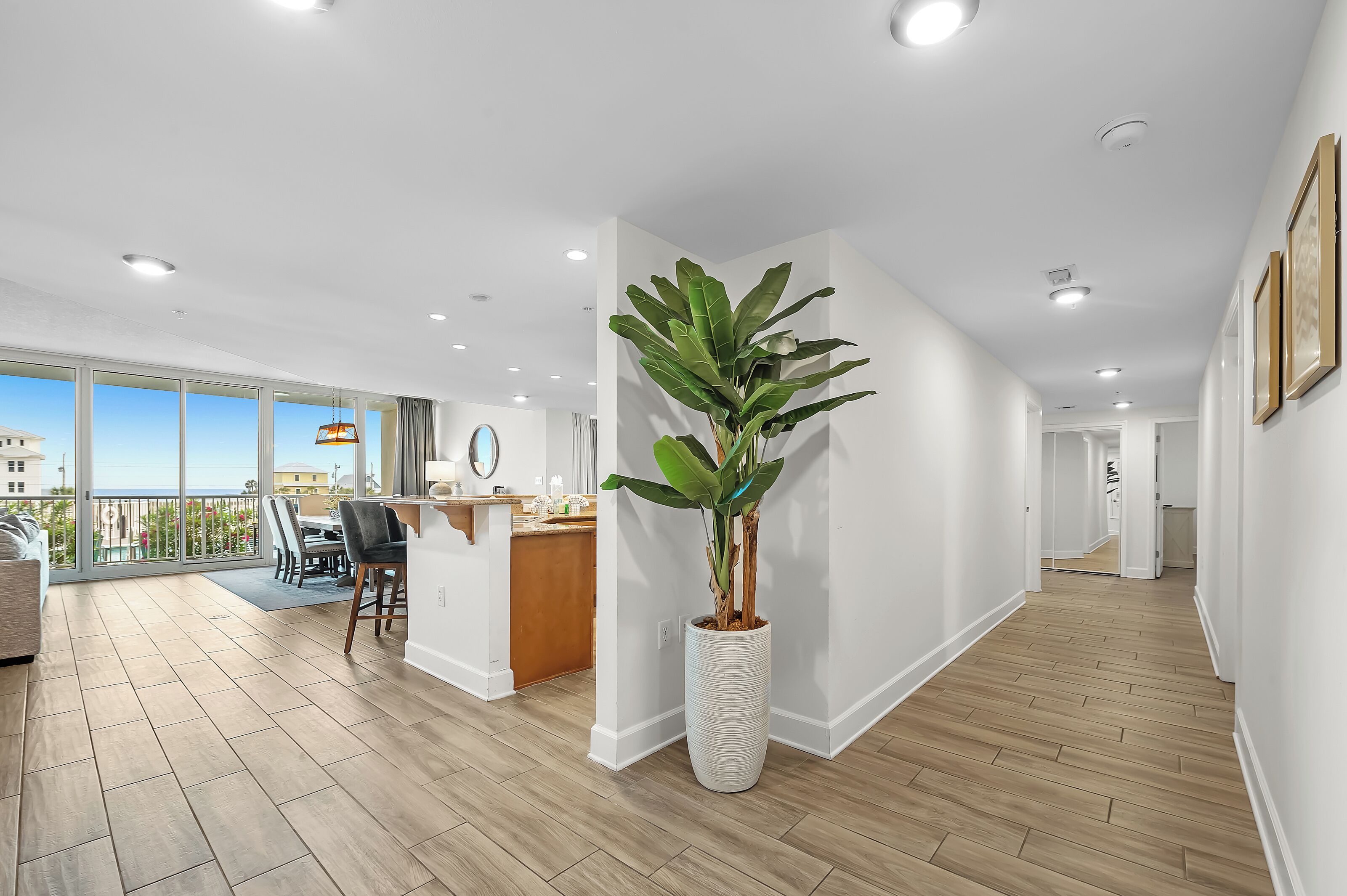 A modern interior with a large potted plant, a dining area, and a view through large windows.