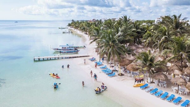 A beach with clear water, palm trees, and a pier with boats.