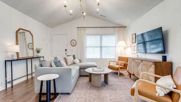 TV connectée, cheminée, livres, chaßne hi-fi