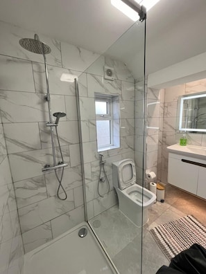 Hair dryer, towels, soap, shampoo