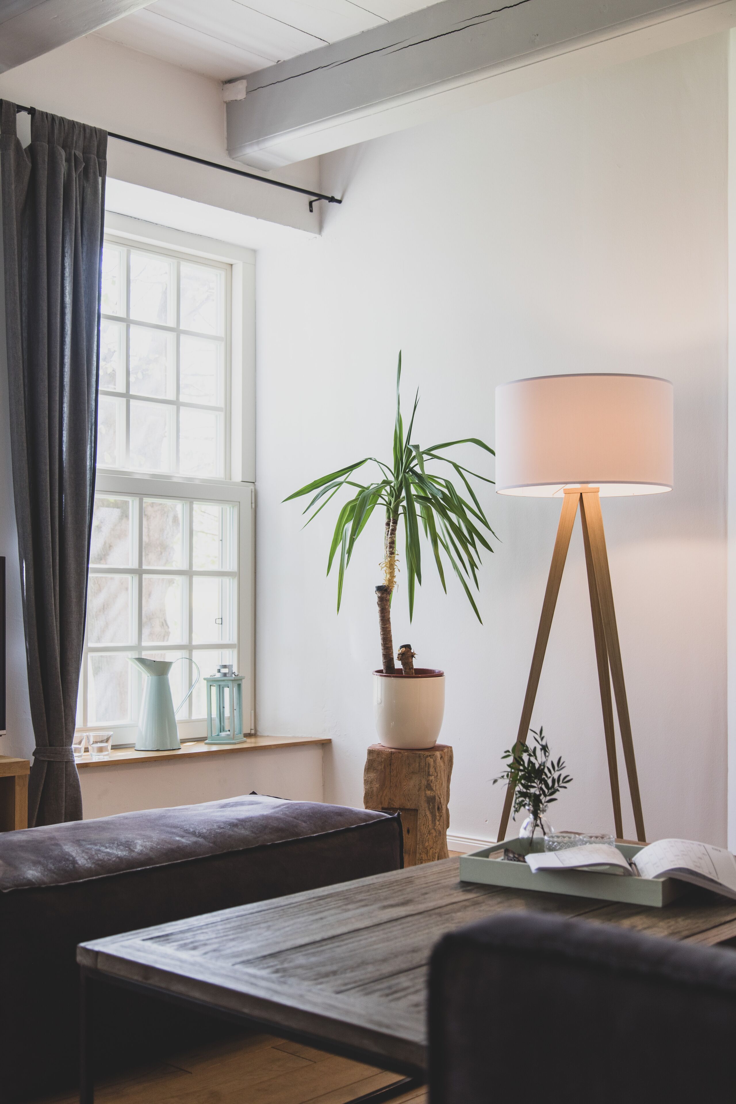 Ein gemütliches Zimmer mit einem Holztisch, einer Bank, einer Stehlampe und einem Blumentopf am Fenster.