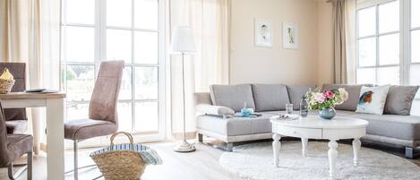 TV, fireplace, books, stereo