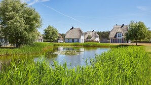 Een pittoresk Europees dorpje met rieten daken, een vijver met waterlelies en weelderige begroeiing.