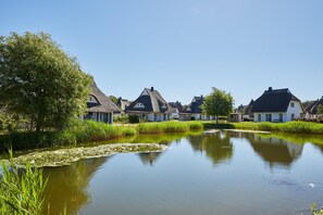 Une rangée de maisons traditionnelles aux toits de chaume, un étang paisible parsemé de nénuphars et une végétation luxuriante.