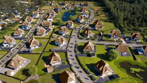 Luchtbeeld van een woongebied met huizen met rieten daken, geordend in een rasterpatroon met wegen en groene ruimtes.