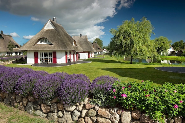 A traditional thatched-roof building with a red door and windows, surrounded by a well-maintained lawn and flowering plants.