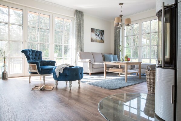 Televisie, een open haard, een dvd-speler en boeken