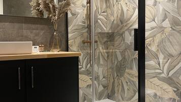 Ducha, secador de pelo, toallas y jabón