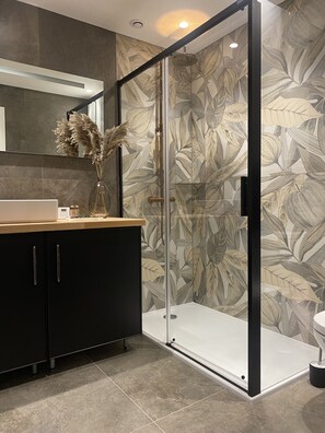 Shower, hair dryer, towels, soap